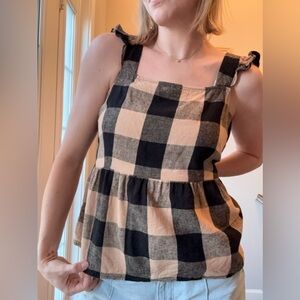 Plaid Ruffle Sleeve Top - Black and Tan